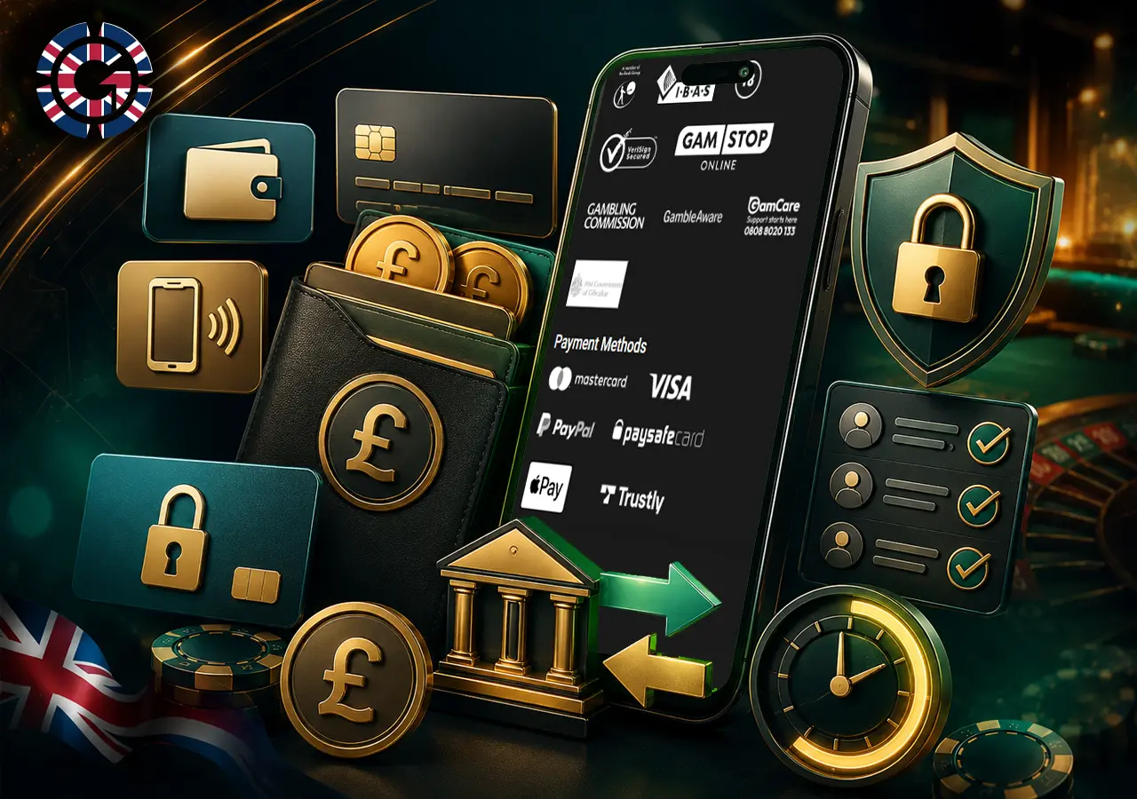Payment centre illustration with GBP cashier, secure withdrawals, verification and trusted banking options