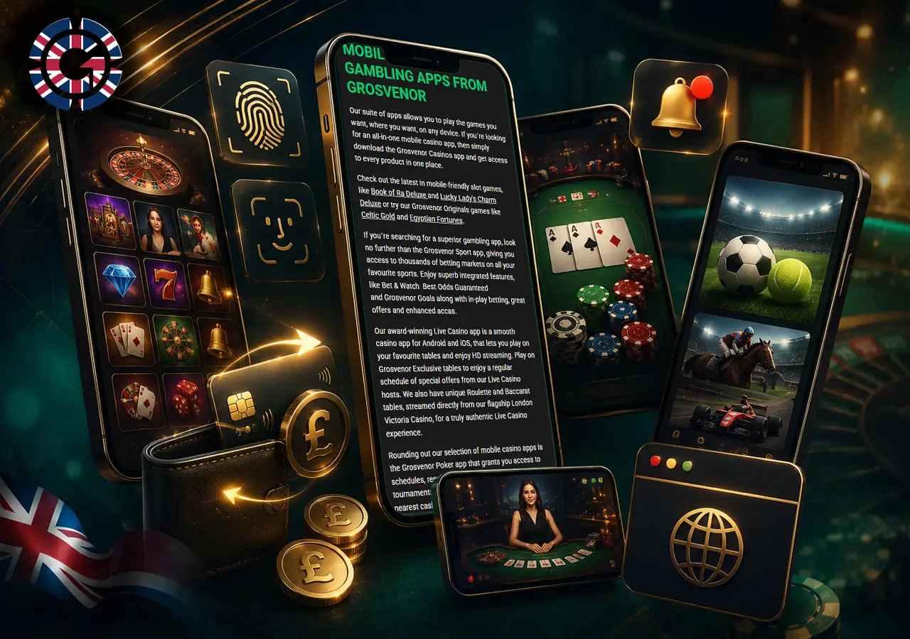 Casino mobile app concept with fast login, payments, push alerts and separate gaming sections