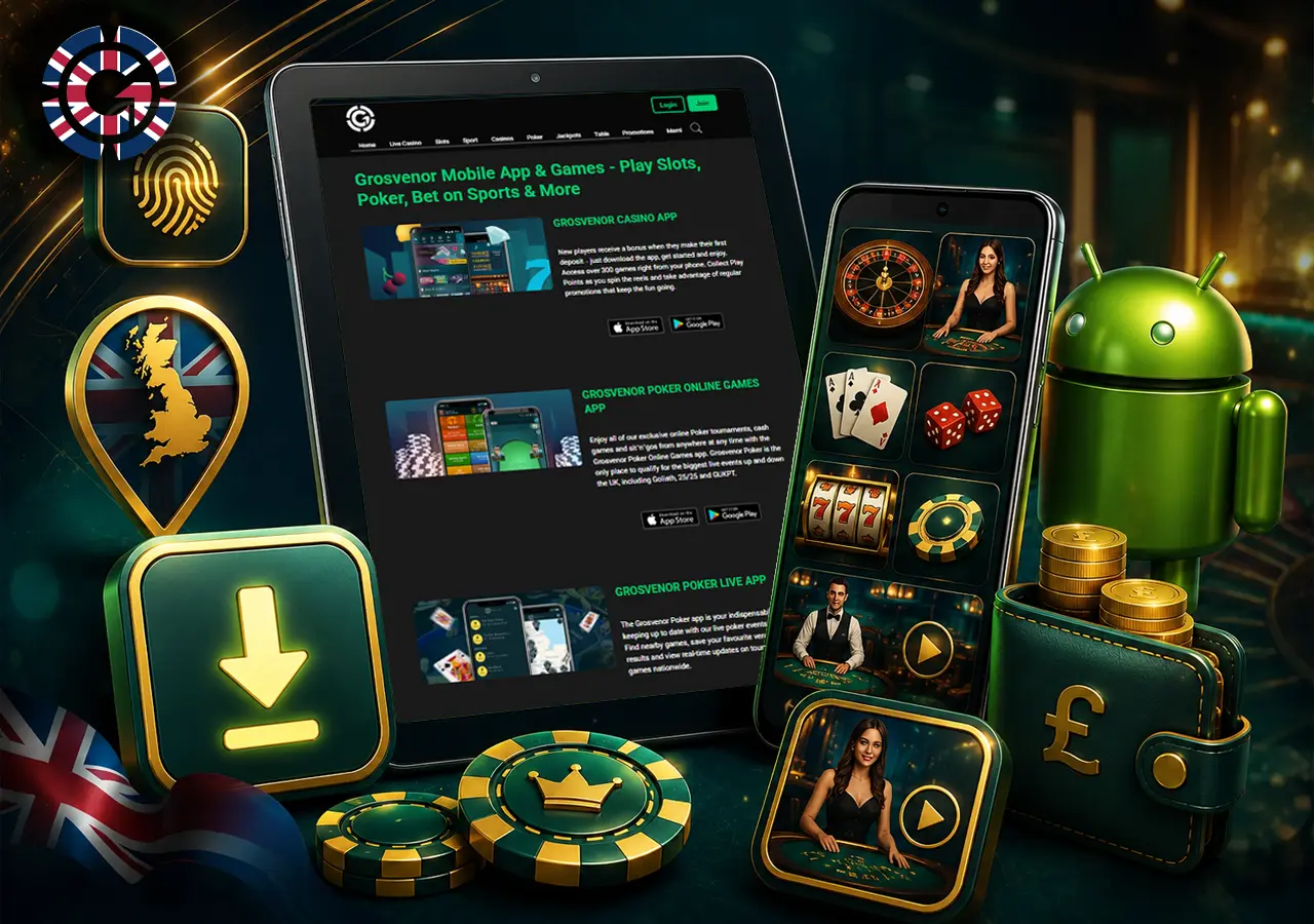 Grosvenor Android App shown on a phone with lobby access, secure login and live game tiles