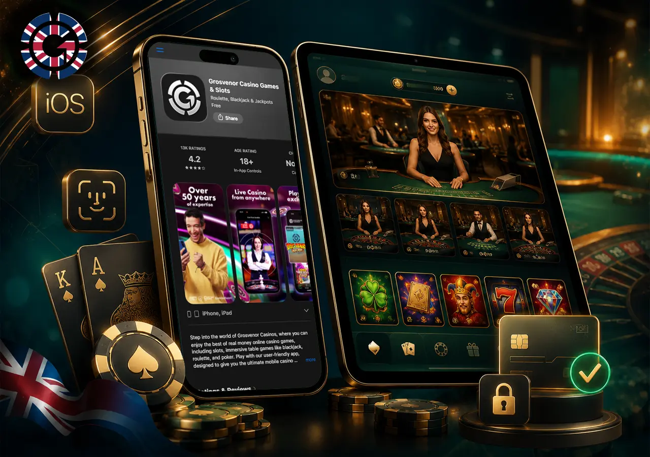 iOS app illustration with iPhone and iPad gameplay, Face ID access and mobile top-up