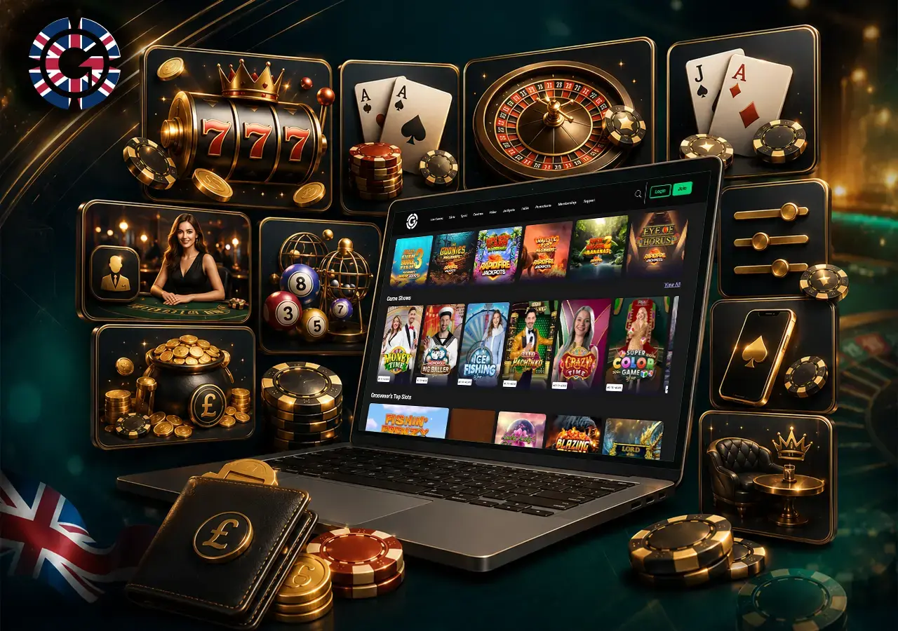Casino game lobby with slots, poker, table games and clear RTP navigation