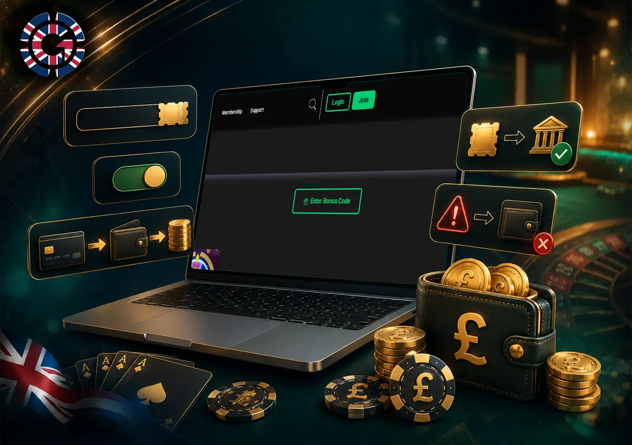 Promo code flow with opt-in panel, deposit step, bonus balance and timing reminder