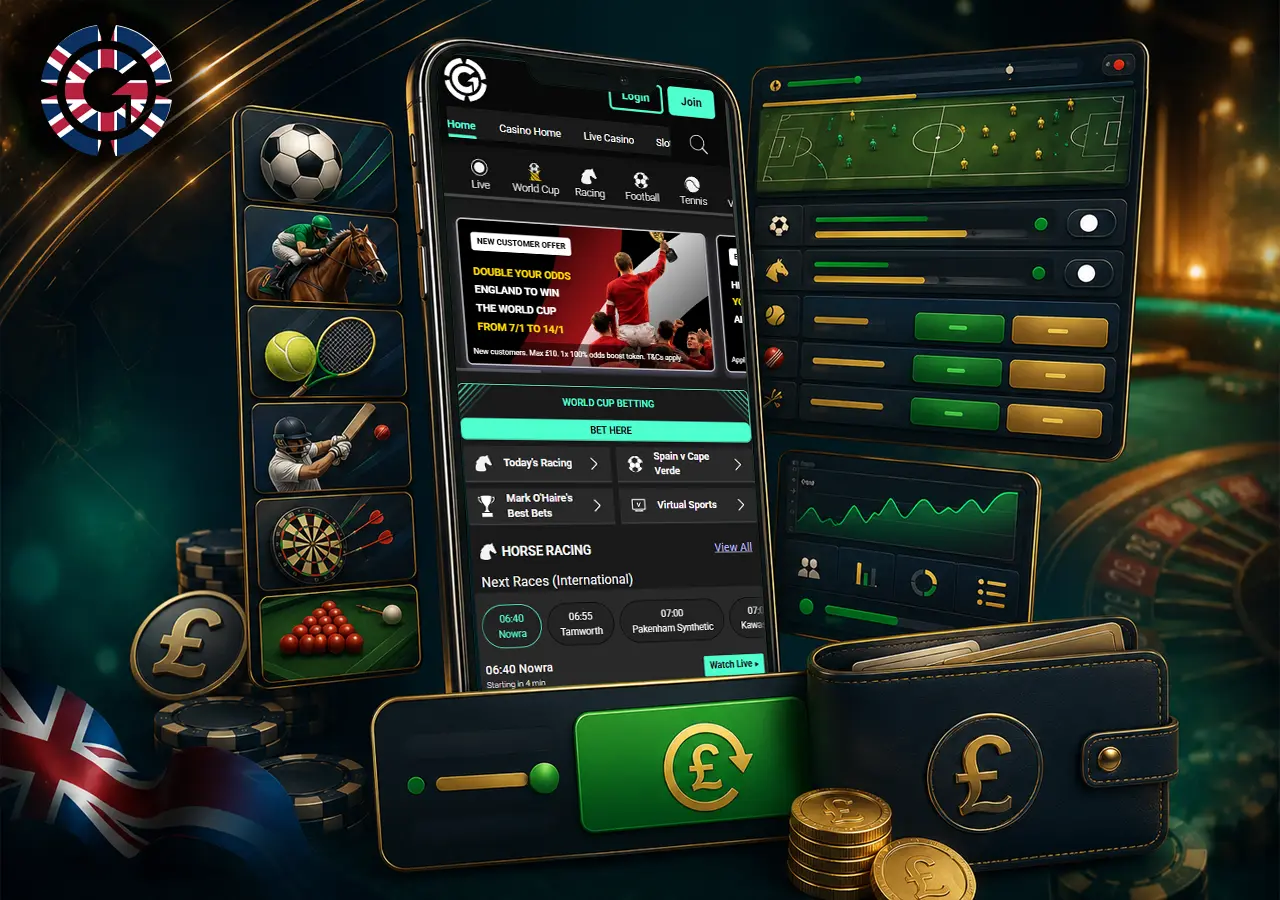 Sports betting dashboard with football, racing and live markets linked to a shared balance